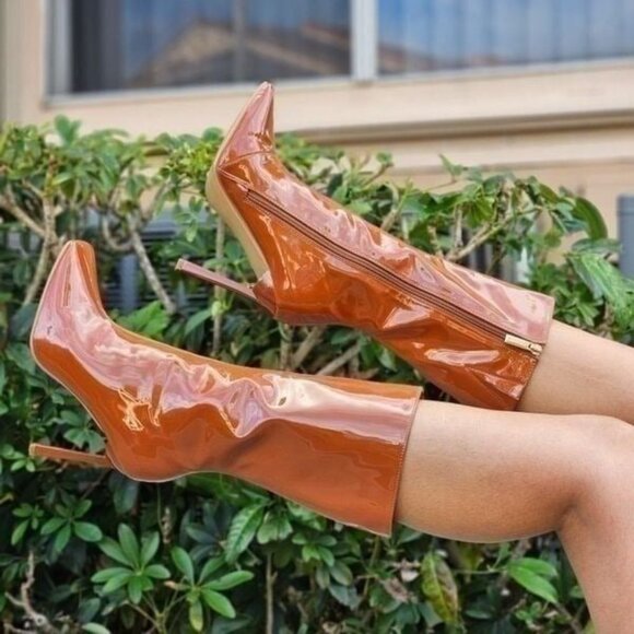 Women Mid Calf Square‎ Toe Heel Boot Tan Color - Picture 5 of 6